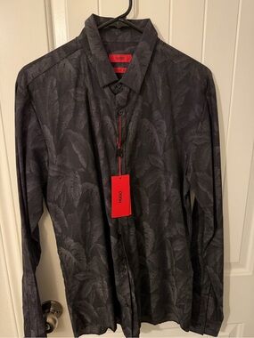 HUGO Black Tonal Leaf-Pattern Dress Shirt